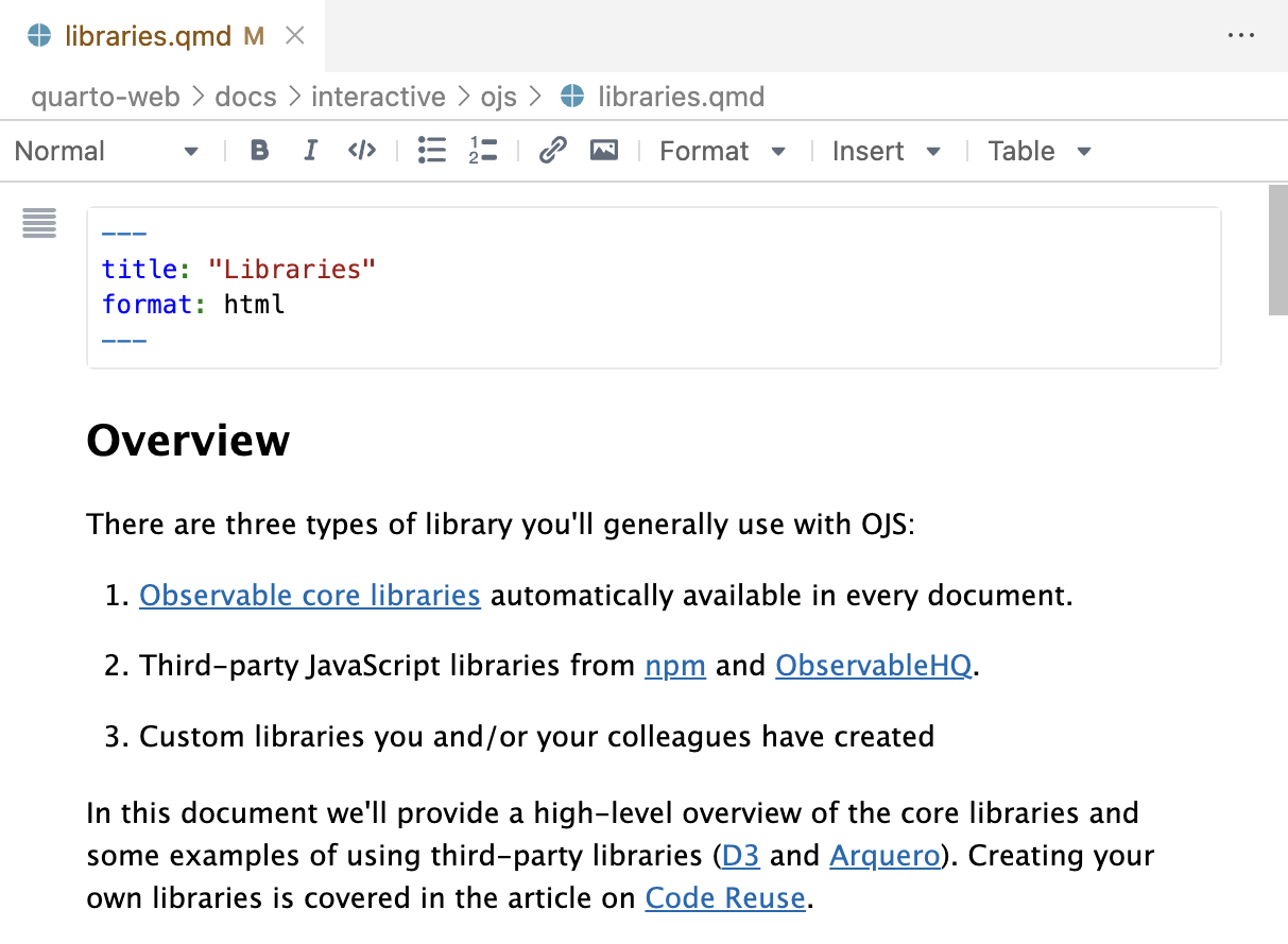 VS Code with a document called `libraries.qmd` open in visual editing mode. The subtitle and list of items are typeset. The visual editing toolbar is visible at the top of the document.